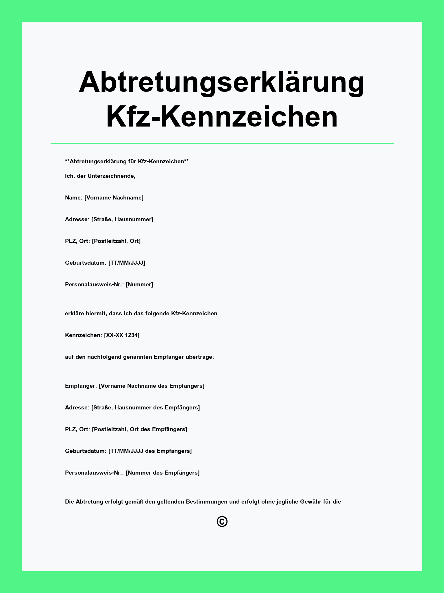 Abtretungserklärung Kfz-Kennzeichen