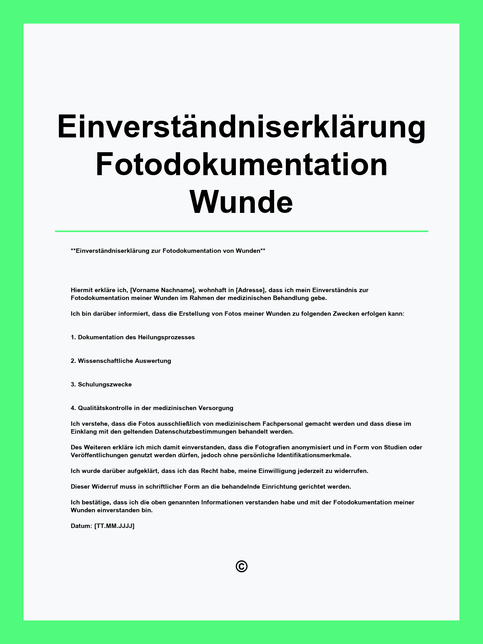 Einverständniserklärung Fotodokumentation Wunde Vorlage