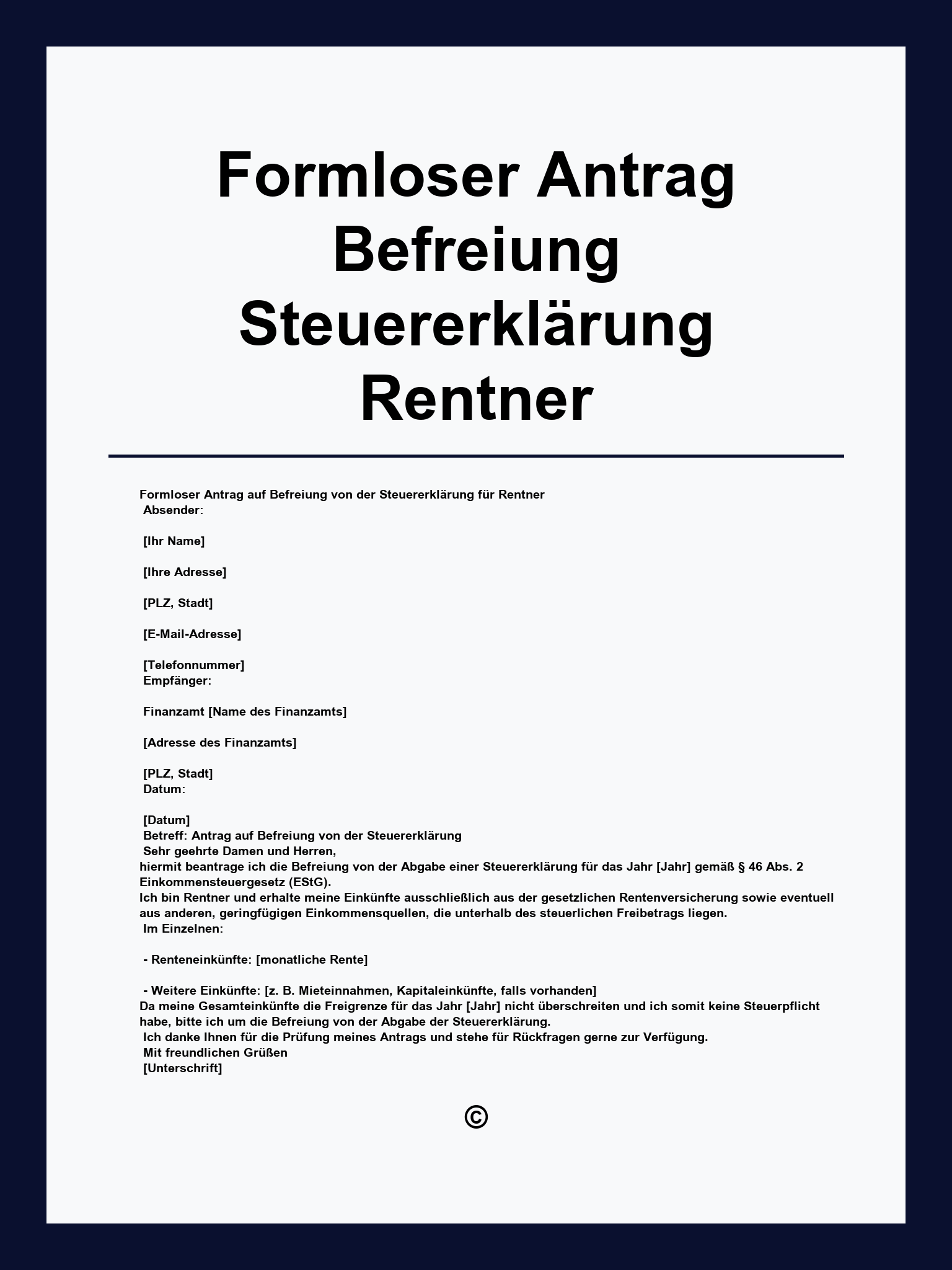 Formloser Antrag Befreiung Steuererklärung Rentner